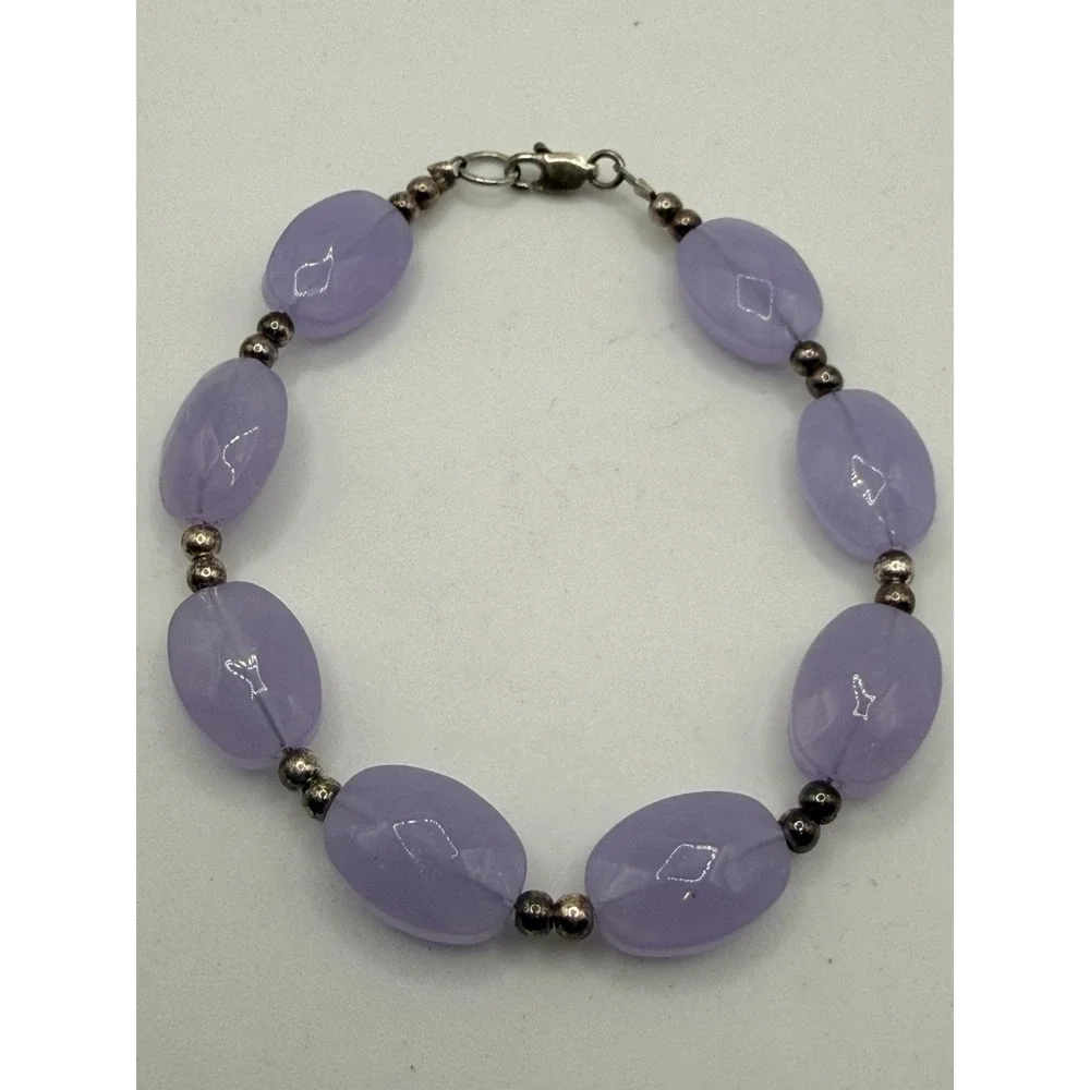Vintage Sterling Silver Lavender Glass Bead Bracelet 6.25